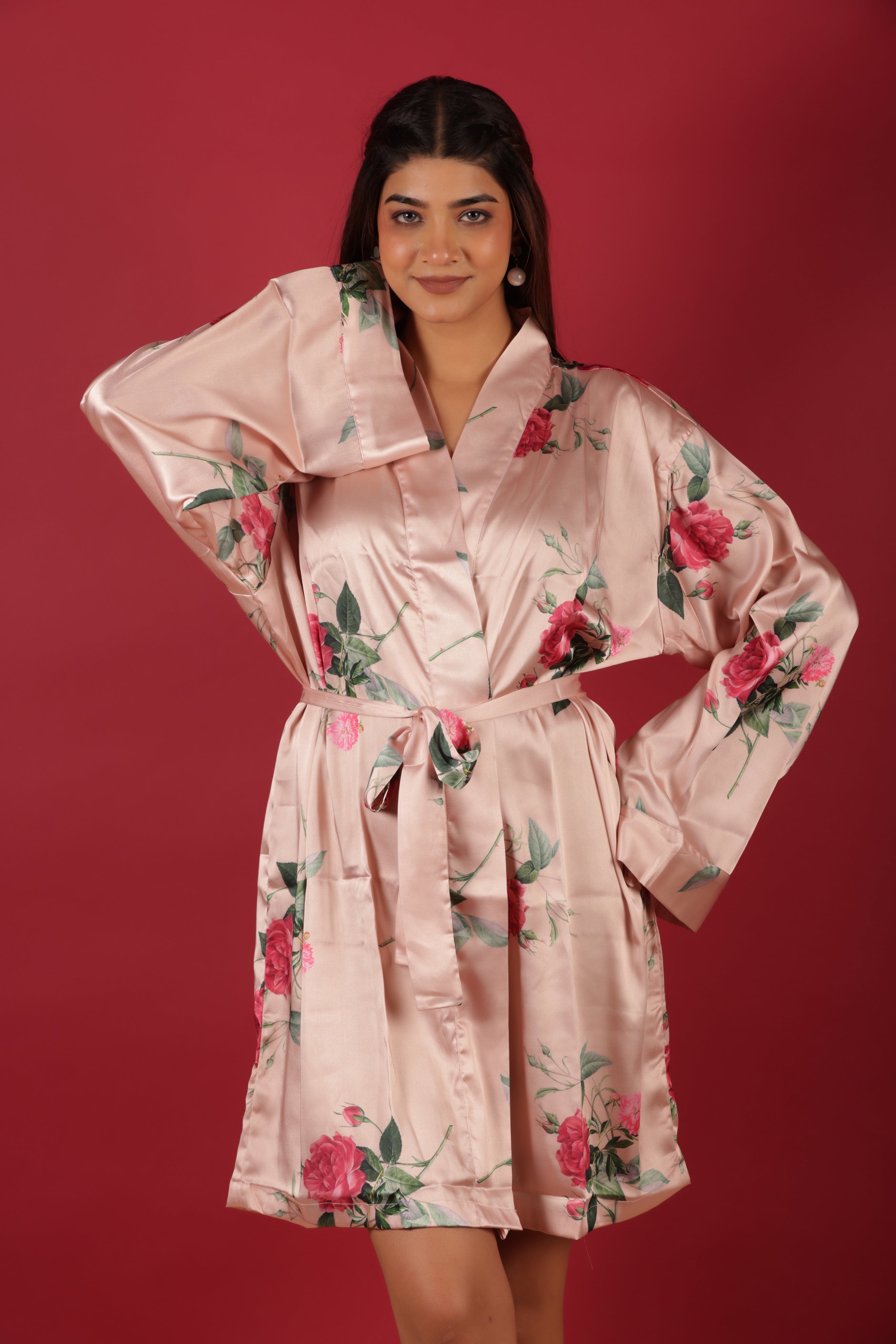 Bridal Party Probe Floral Printed Peach Bathrobe